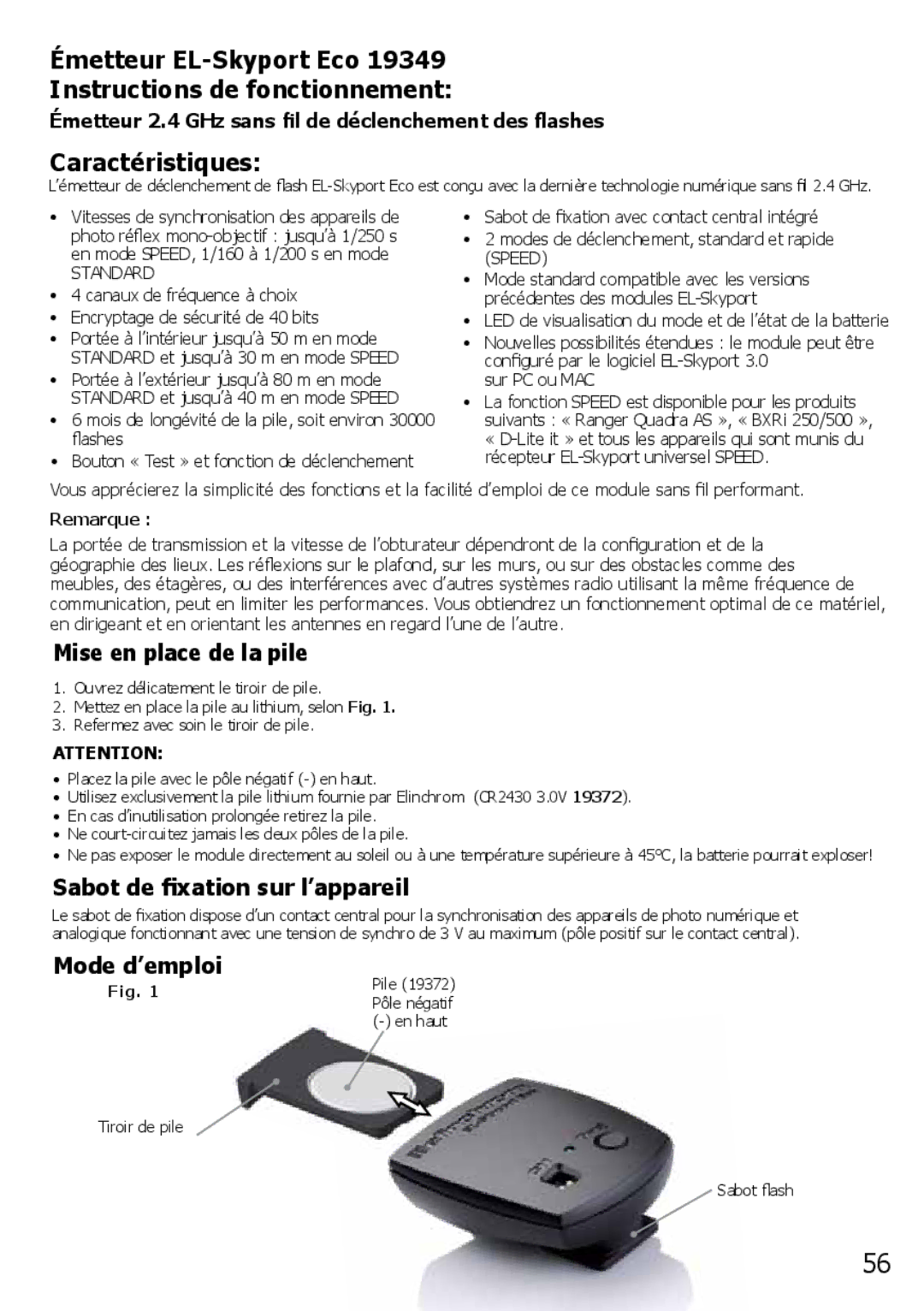 Elinchrom 4 IT, 2 IT operation manual Caractéristiques, Sabot de fixation sur l’appareil, Mode d’emploi 