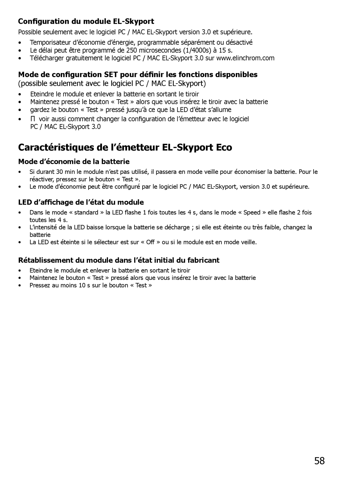 Elinchrom 4 IT, 2 IT operation manual Caractéristiques de l’émetteur EL-Skyport Eco, Configuration du module EL-Skyport 