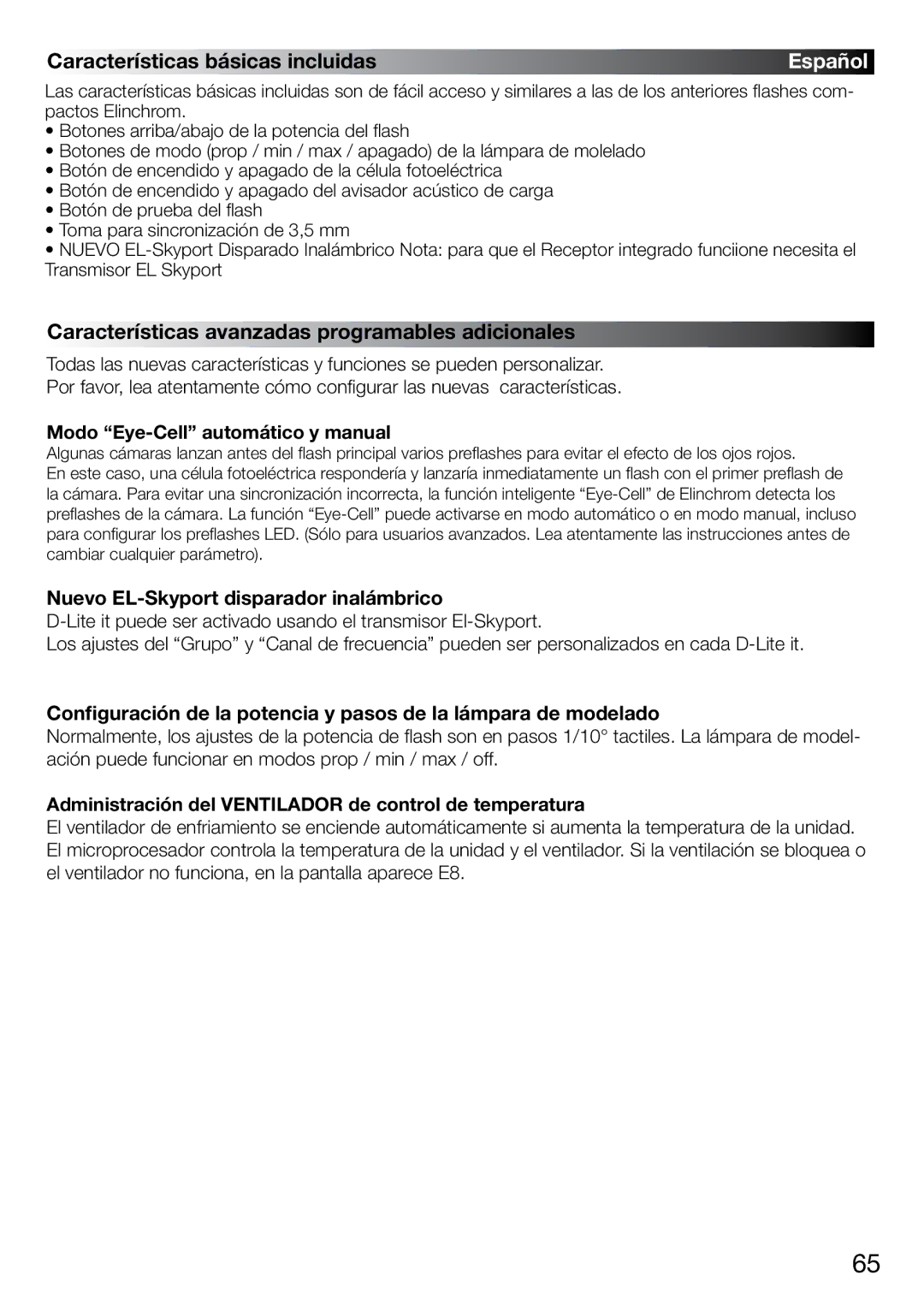 Elinchrom 2 IT, 4 IT operation manual Características básicas incluidas, Características avanzadas programables adicionales 