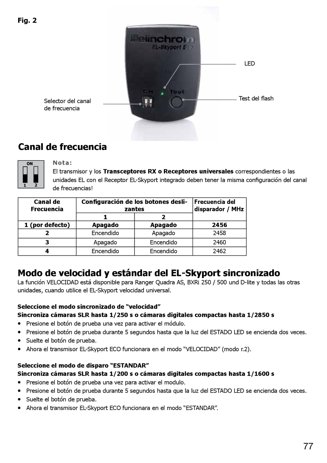 Elinchrom 2 IT, 4 IT operation manual Canal de frecuencia, Modo de velocidad y estándar del EL-Skyport sincronizado 