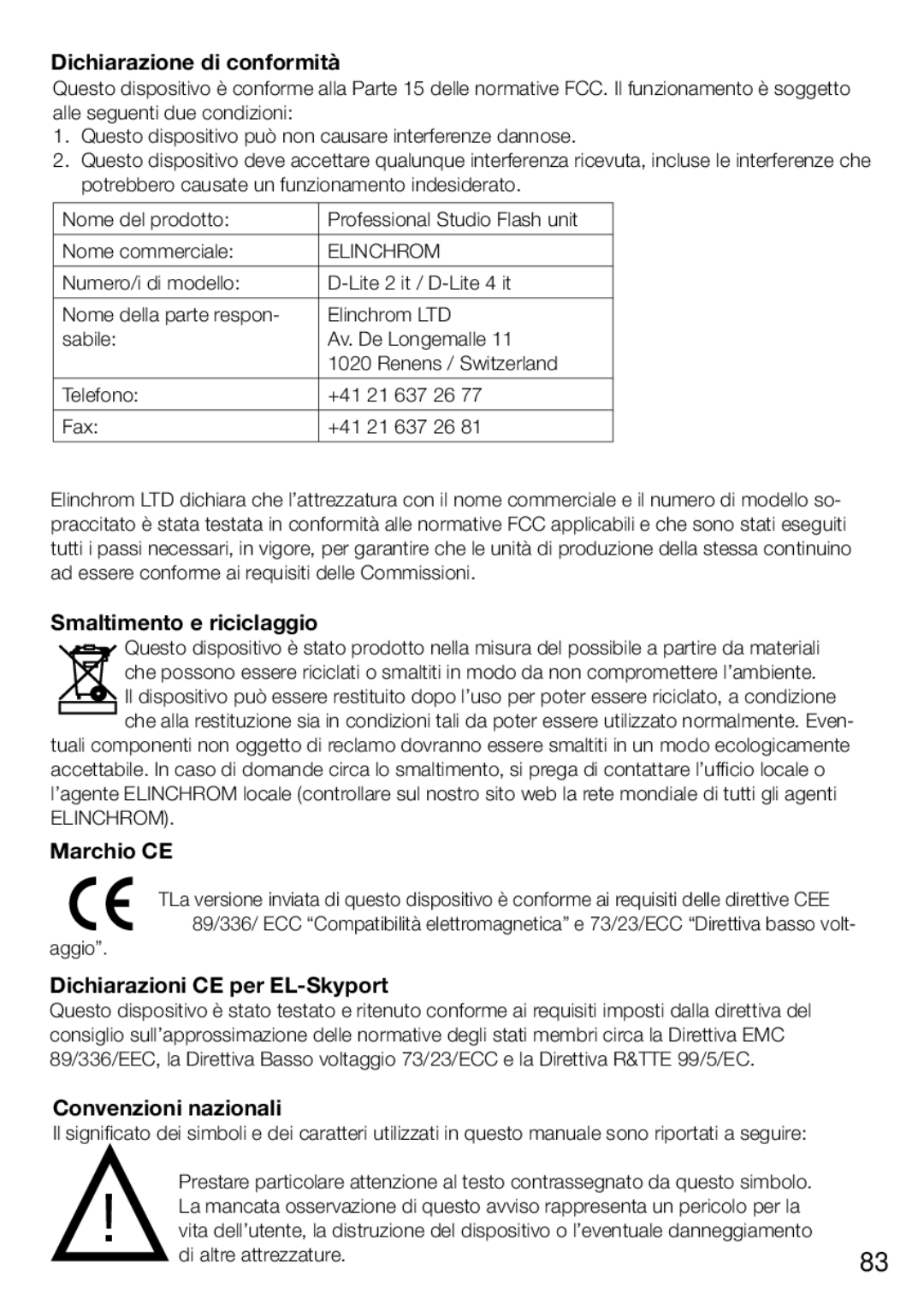 Elinchrom 2 IT, 4 IT Dichiarazione di conformità, Smaltimento e riciclaggio, Marchio CE, Dichiarazioni CE per EL-Skyport 