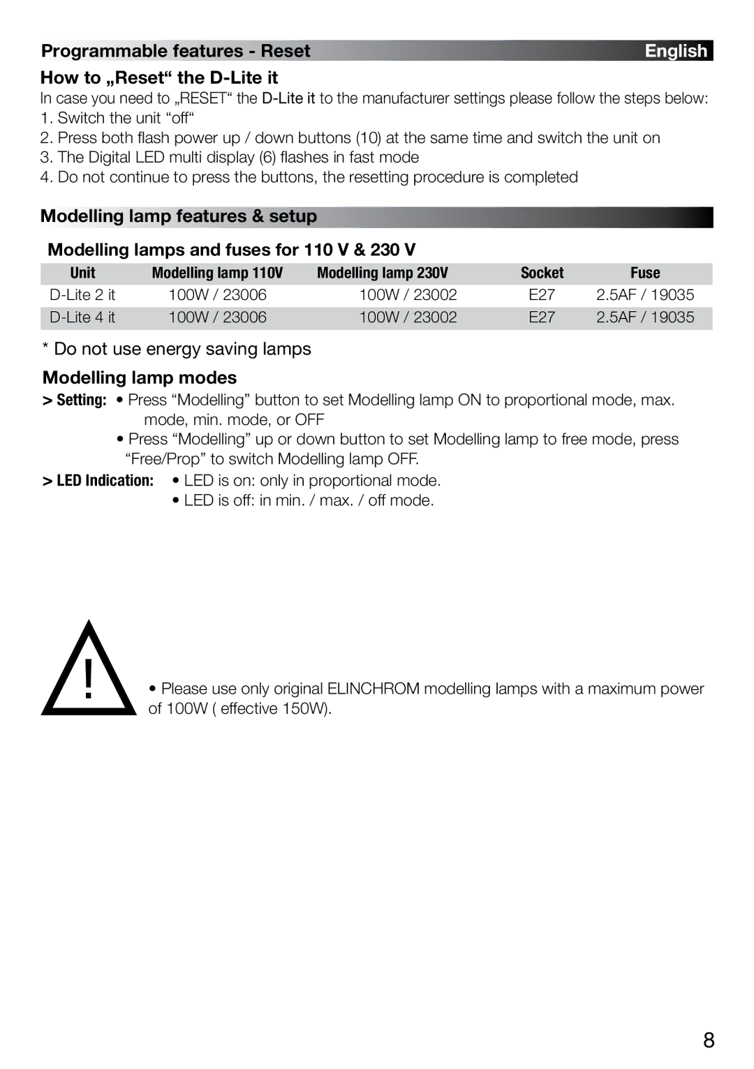 Elinchrom 4 IT, 2 IT operation manual Programmable features Reset, How to „Reset the D-Lite it, Modelling lamp modes, 100W 