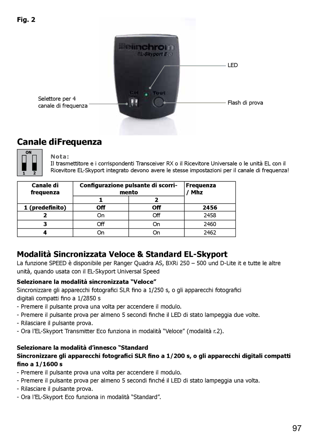 Elinchrom 2 IT, 4 IT operation manual Canale diFrequenza, Modalità Sincronizzata Veloce & Standard EL-Skyport 