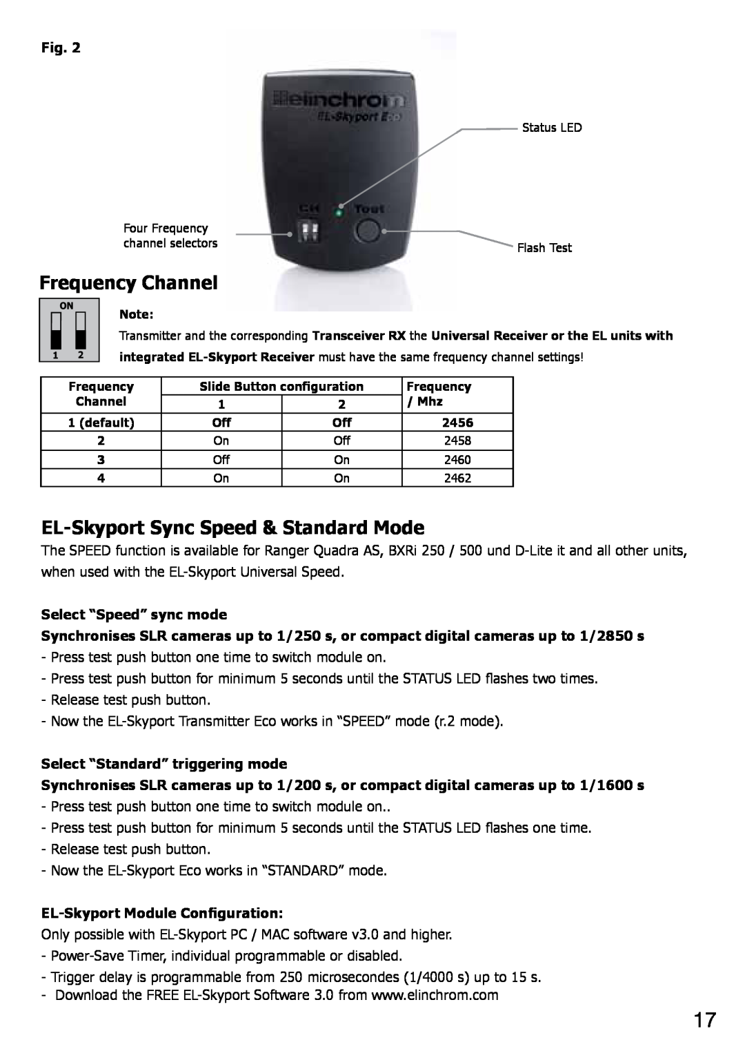 Elinchrom 2 IT, 4 IT operation manual Frequency Channel, EL-SkyportSync Speed & Standard Mode, Select “Speed” sync mode 