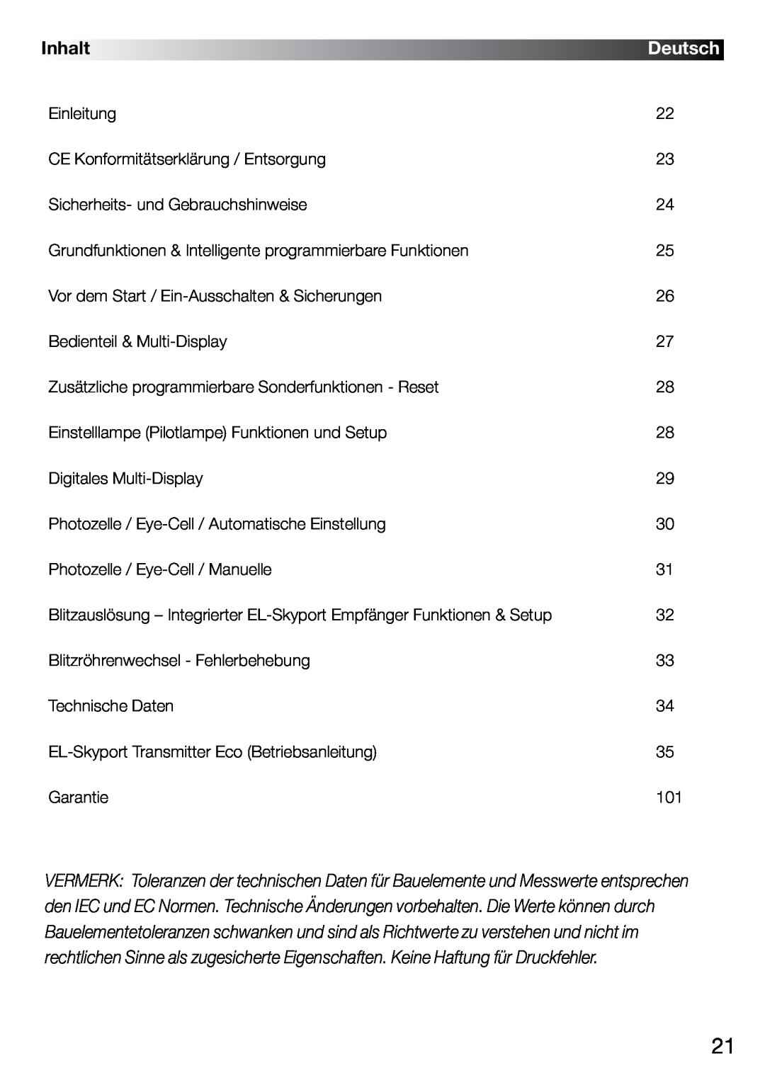 Elinchrom 2 IT, 4 IT operation manual Inhalt, Deutsch 