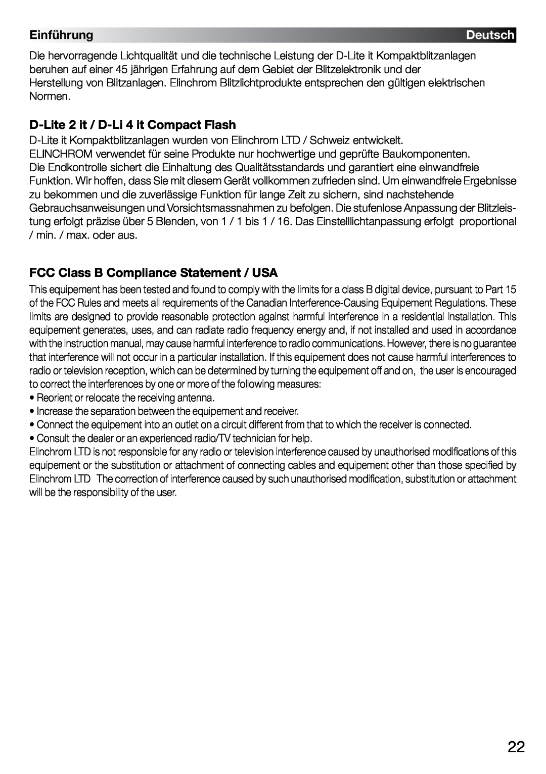 Elinchrom 4 IT, 2 IT Einführung, D-Lite2 it / D-Li4 it Compact Flash, FCC Class B Compliance Statement / USA, Deutsch 