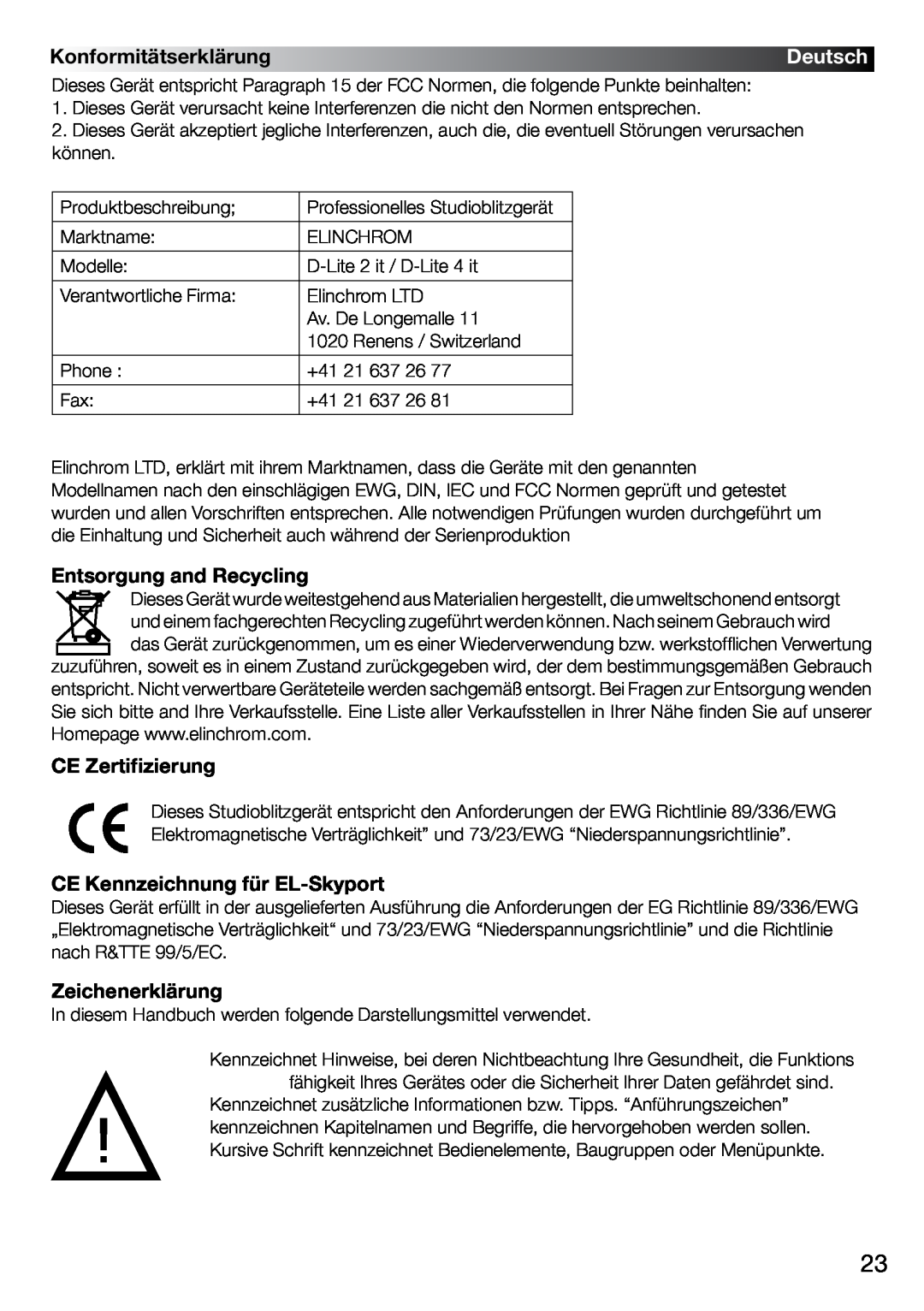 Elinchrom 2 IT, 4 IT Konformitätserklärung, Deutsch, Entsorgung and Recycling, CE Zertifizierung, Zeichenerklärung 