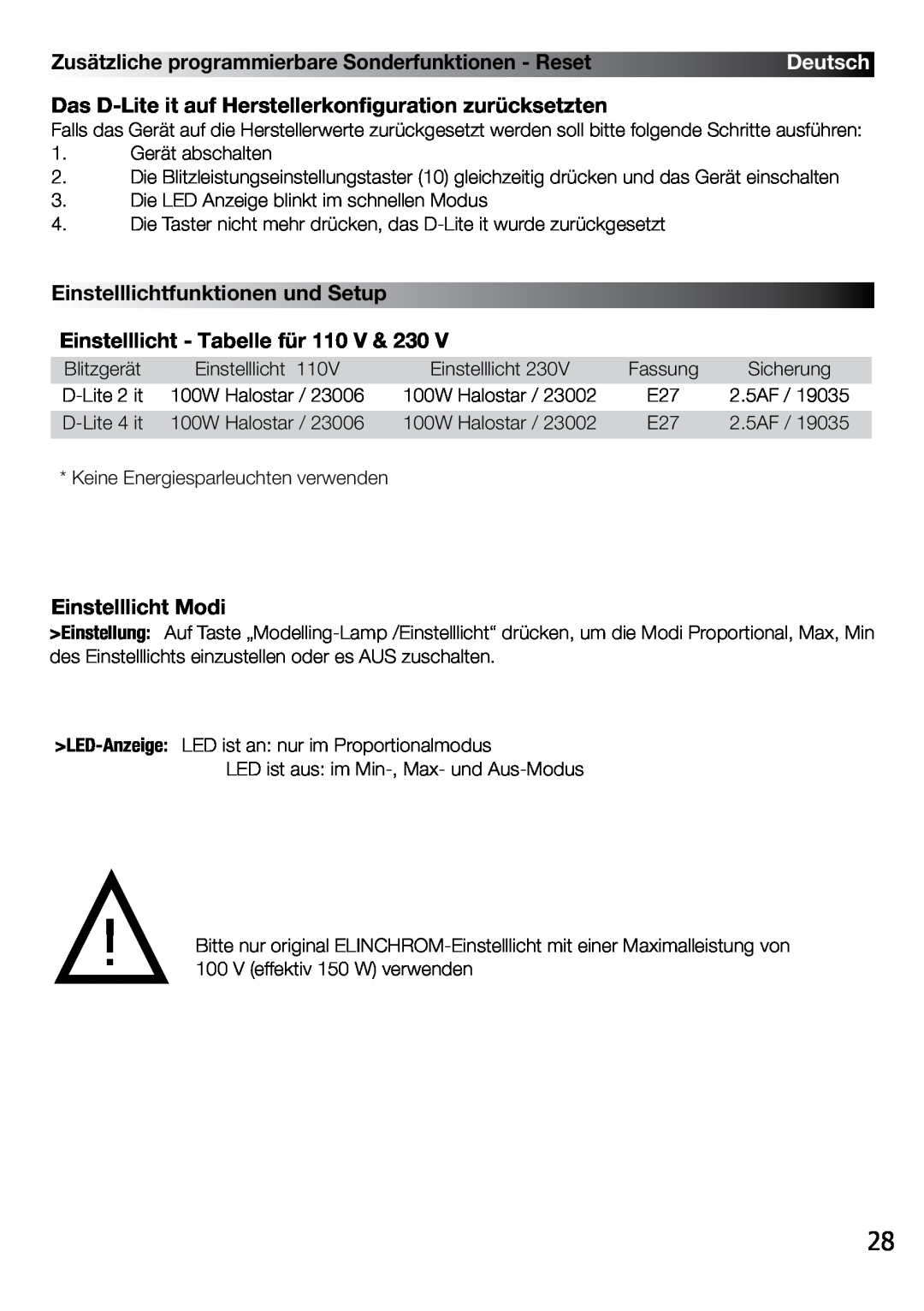 Elinchrom 4 IT Einstelllichtfunktionen und Setup, Einstelllicht - Tabelle für 110 V & 230, Einstelllicht Modi, Deutsch 