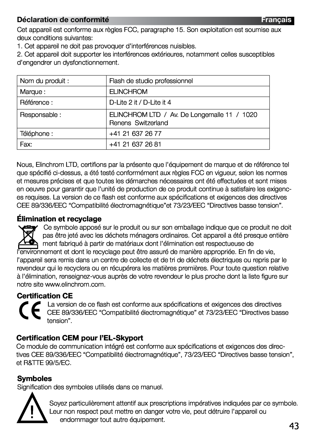 Elinchrom 2 IT Déclaration de conformité, Élimination et recyclage, Certification CE­, Certification CEM pour l’EL-Skyport 