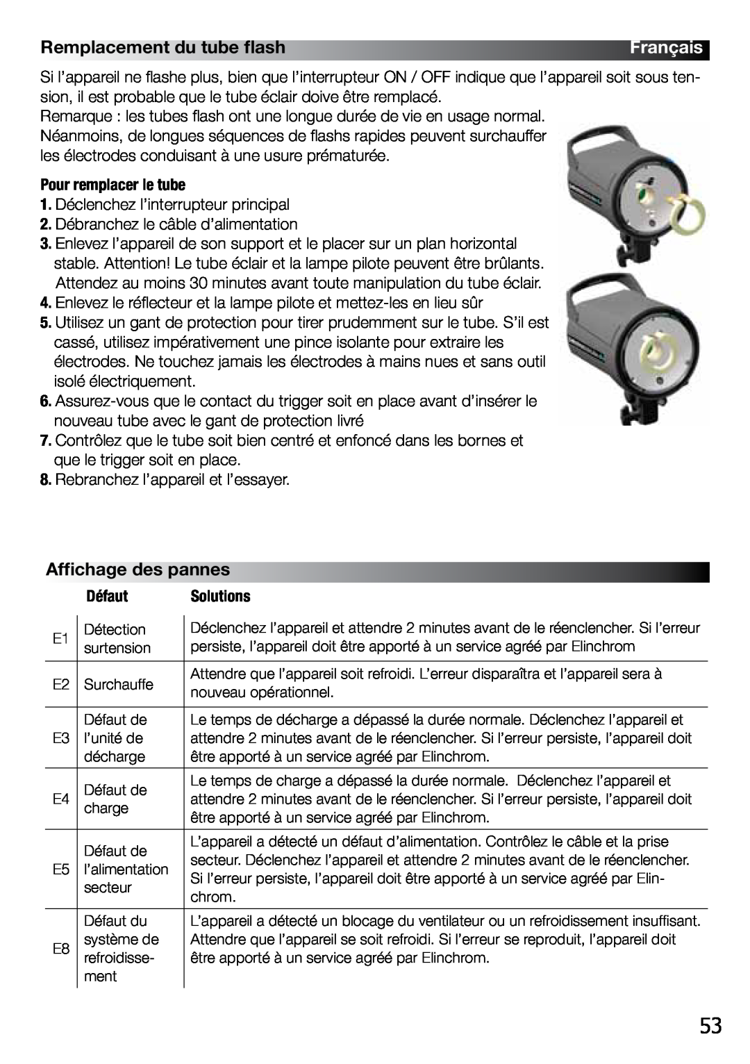 Elinchrom 2 IT, 4 IT operation manual Remplacement du tube flash, Affichage des pannes, Français 