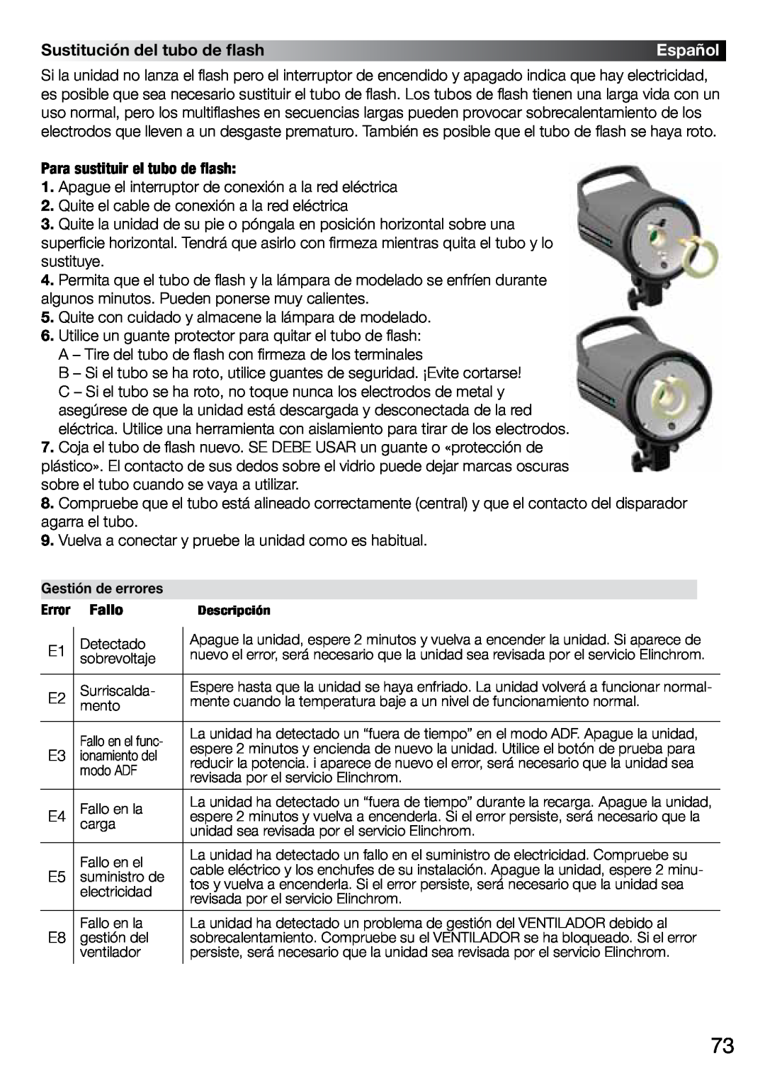 Elinchrom 2 IT, 4 IT operation manual Sustitución del tubo de flash, Español, Gestión de errores 
