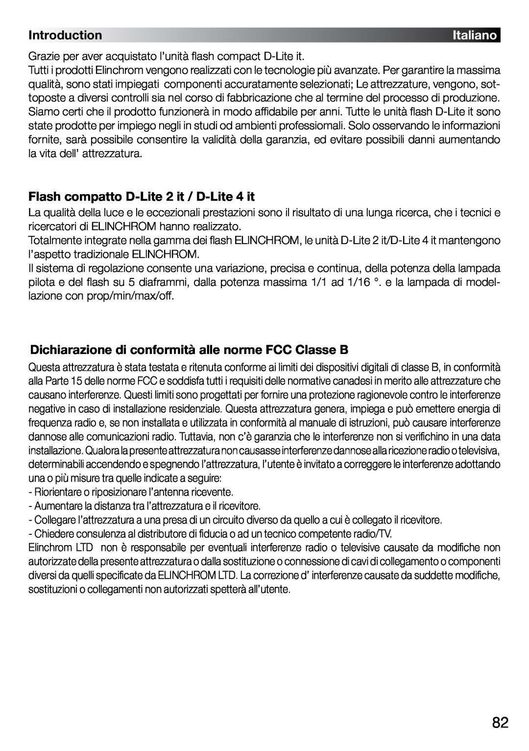 Elinchrom 4 IT, 2 IT operation manual Introduction, Flash compatto D-Lite2 it / D-Lite4 it, Italiano 