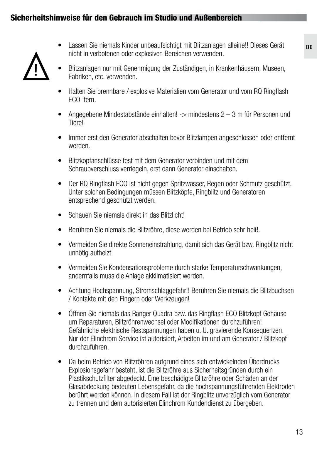 Elinchrom 20492 user manual Nicht in verbotenen oder explosiven Bereichen verwenden, Fabriken, etc. verwenden 