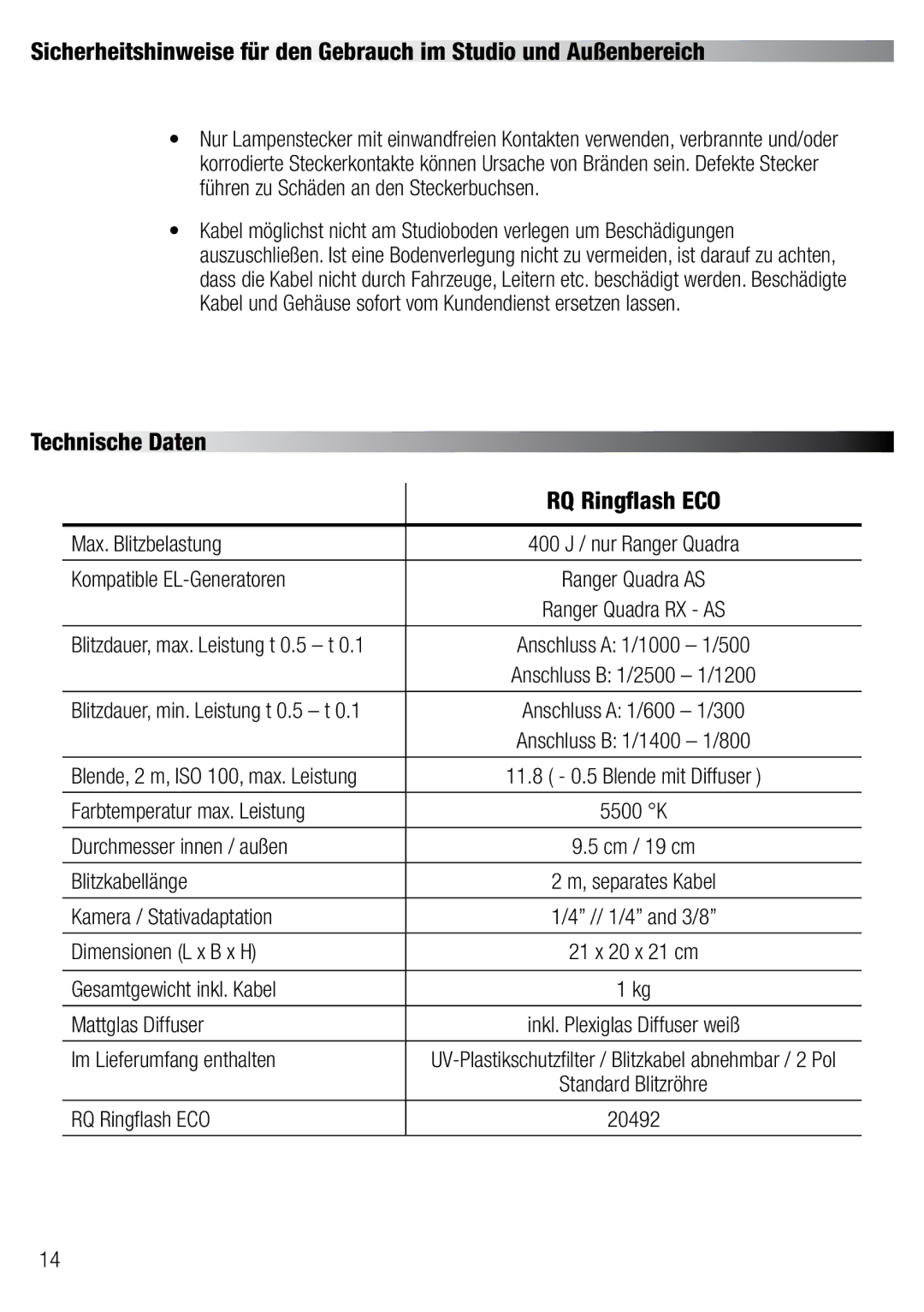 Elinchrom 20492 user manual Technische Daten RQ Ringflash ECO 