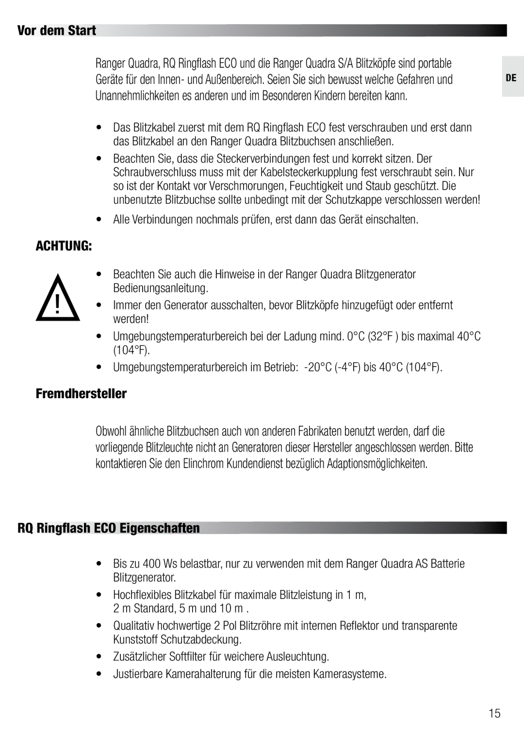 Elinchrom 20492 user manual Vor dem Start, Fremdhersteller, RQ Ringflash ECO Eigenschaften 