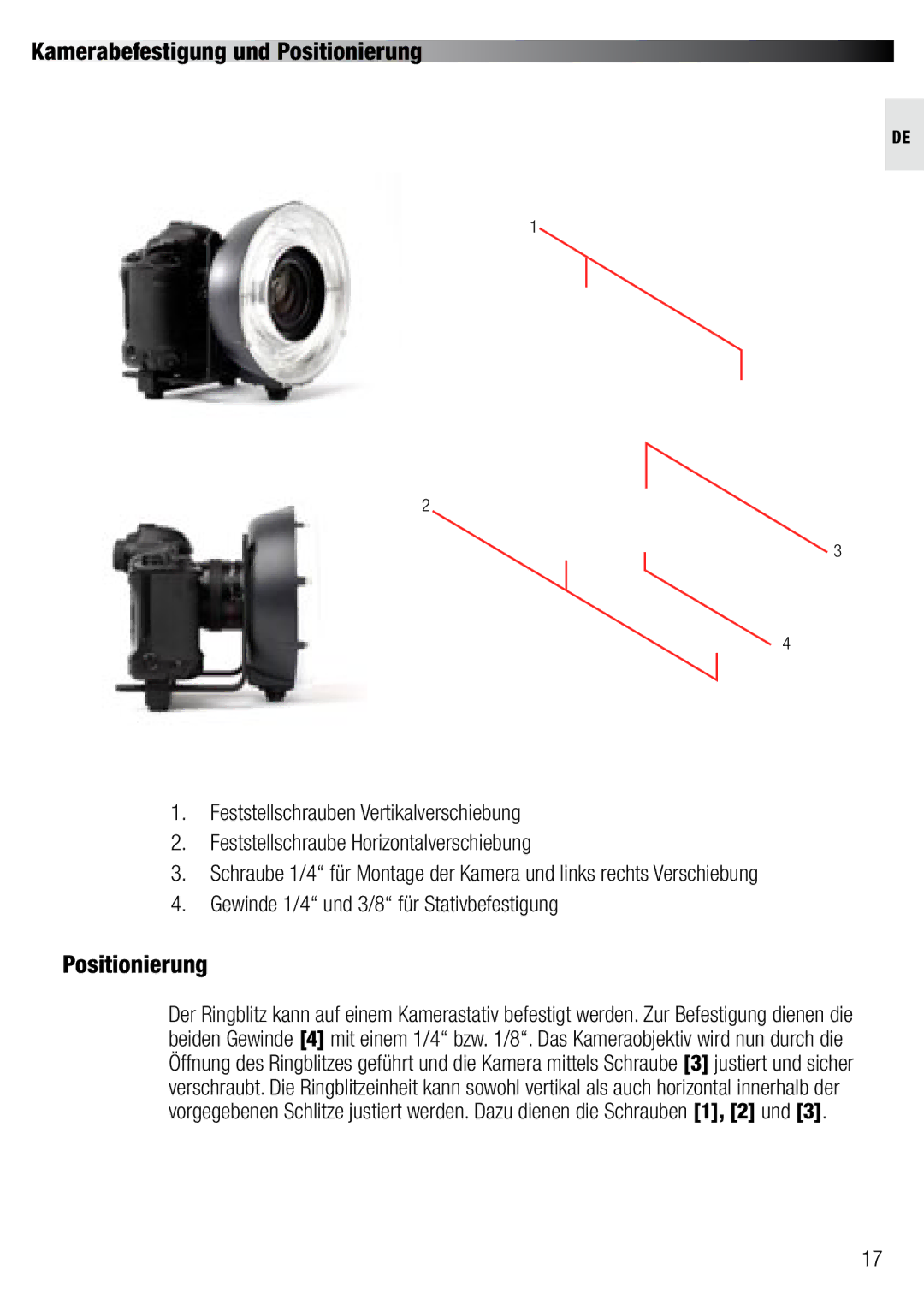 Elinchrom 20492 user manual Kamerabefestigung und Positionierung 