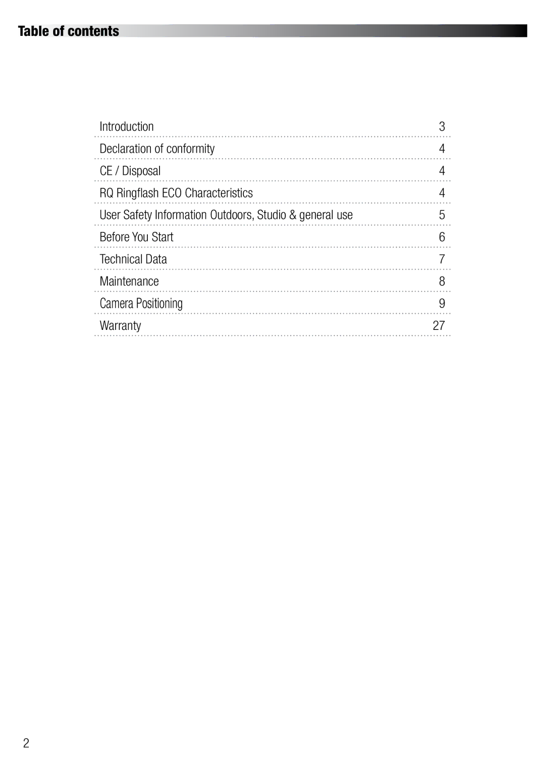 Elinchrom 20492 user manual Table of contents, Camera Positioning 