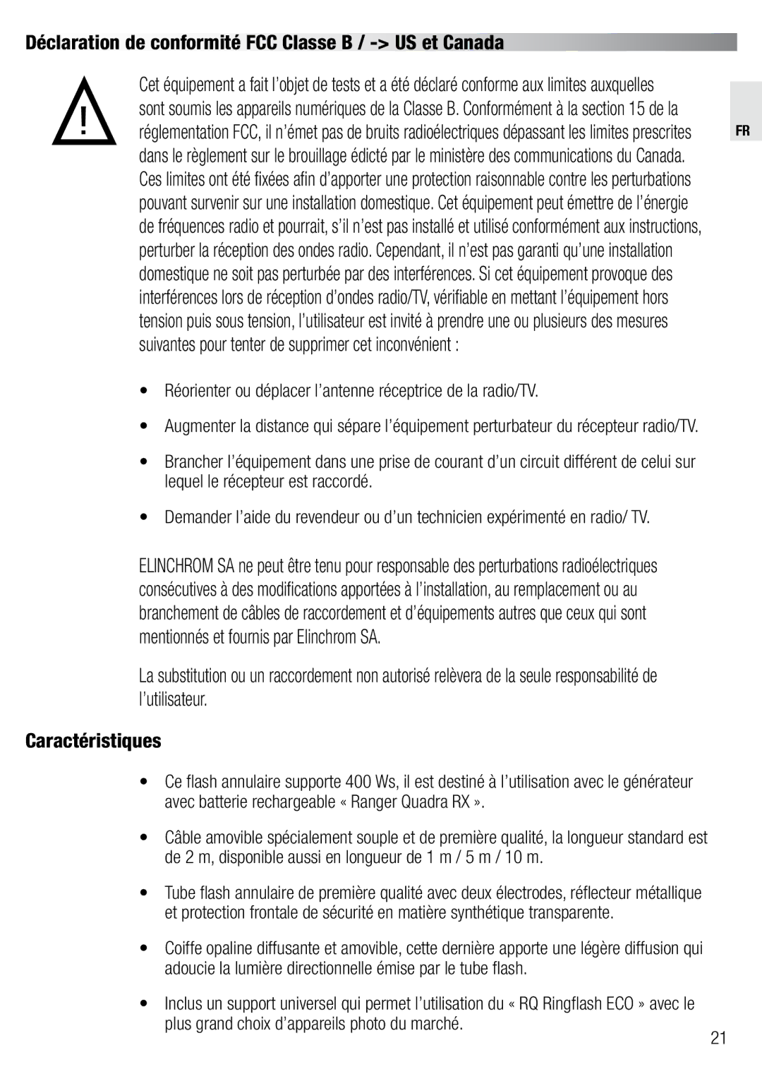 Elinchrom 20492 user manual Déclaration de conformité FCC Classe B / US et Canada 