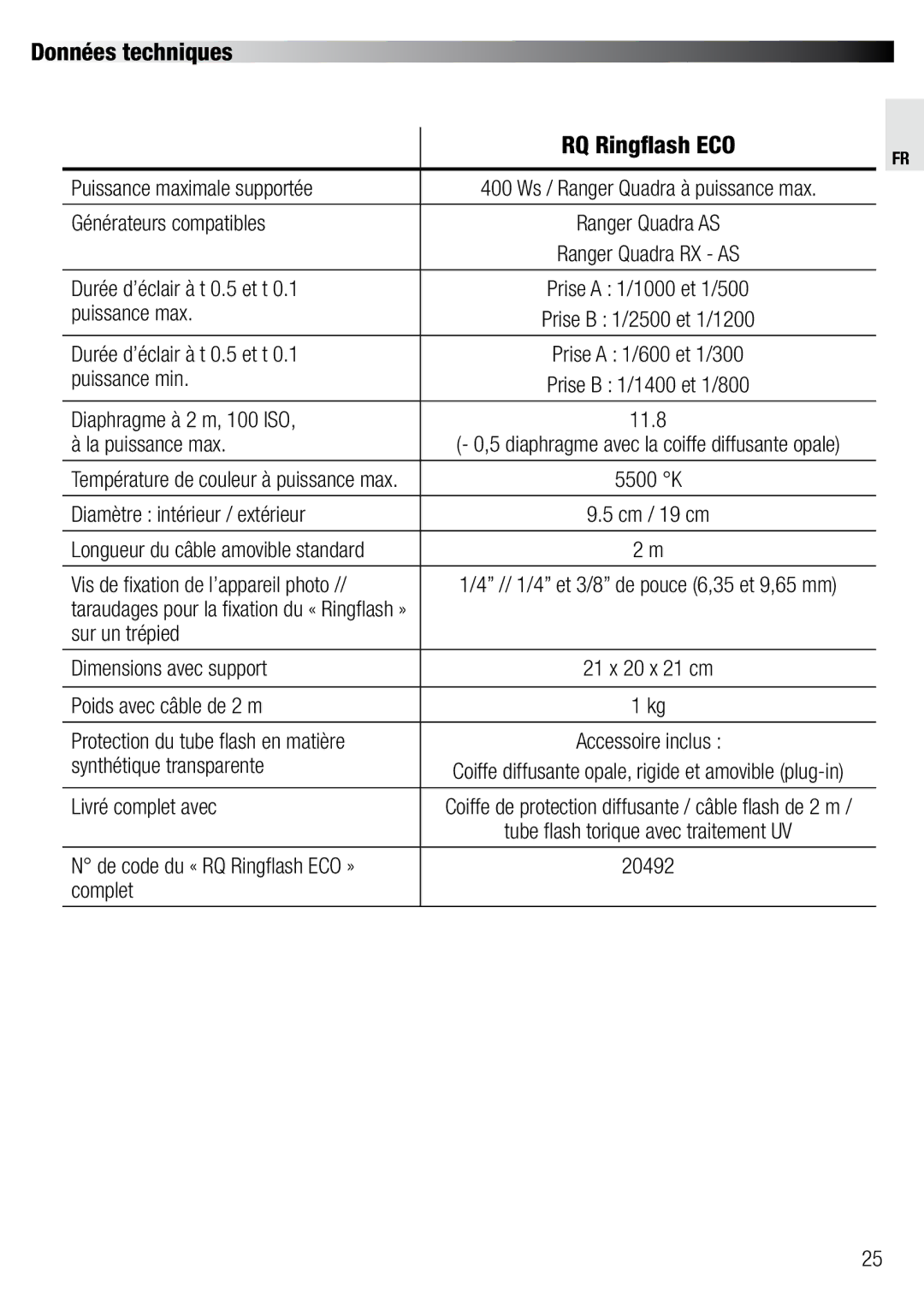 Elinchrom 20492 user manual Données techniques 