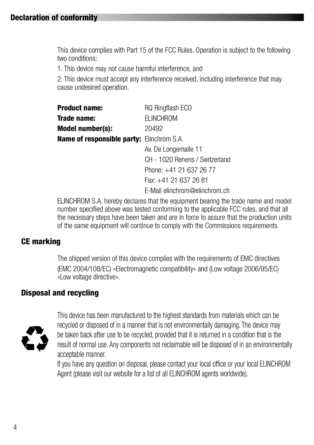 Elinchrom 20492 user manual Declaration of conformity, CE marking, Disposal and recycling, Trade name 