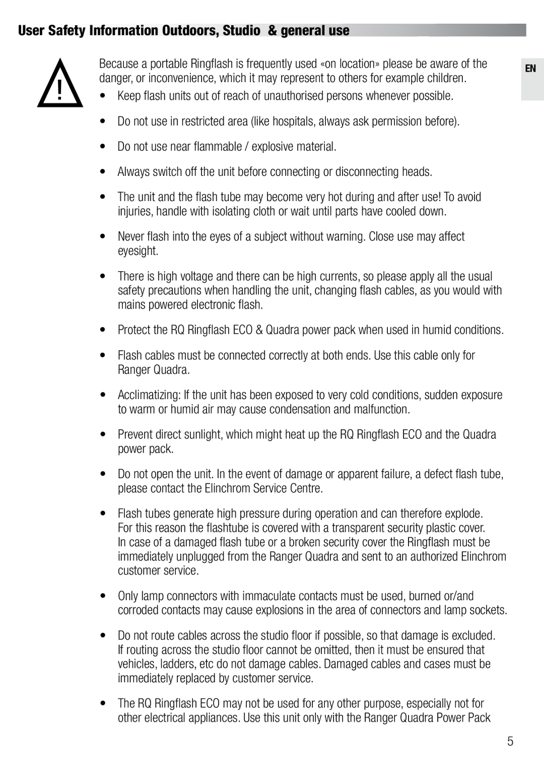 Elinchrom 20492 user manual User Safety Information Outdoors, Studio & general use 