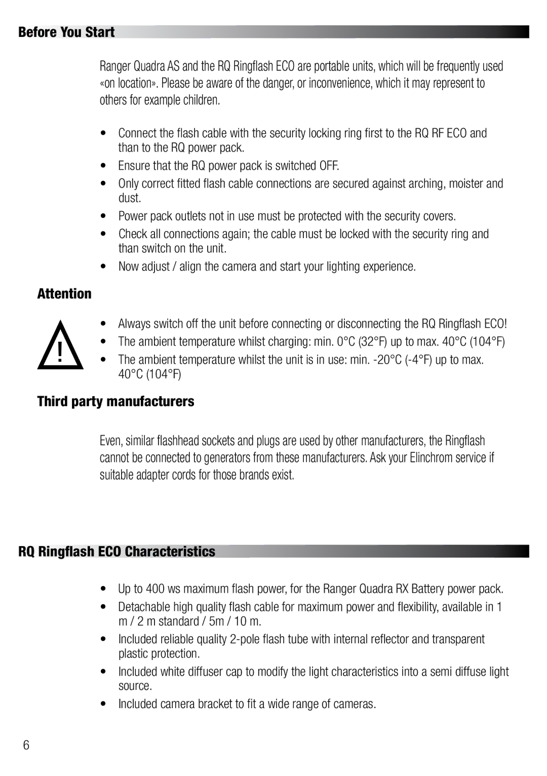 Elinchrom 20492 user manual Before You Start, Third party manufacturers, RQ Ringflash ECO Characteristics 