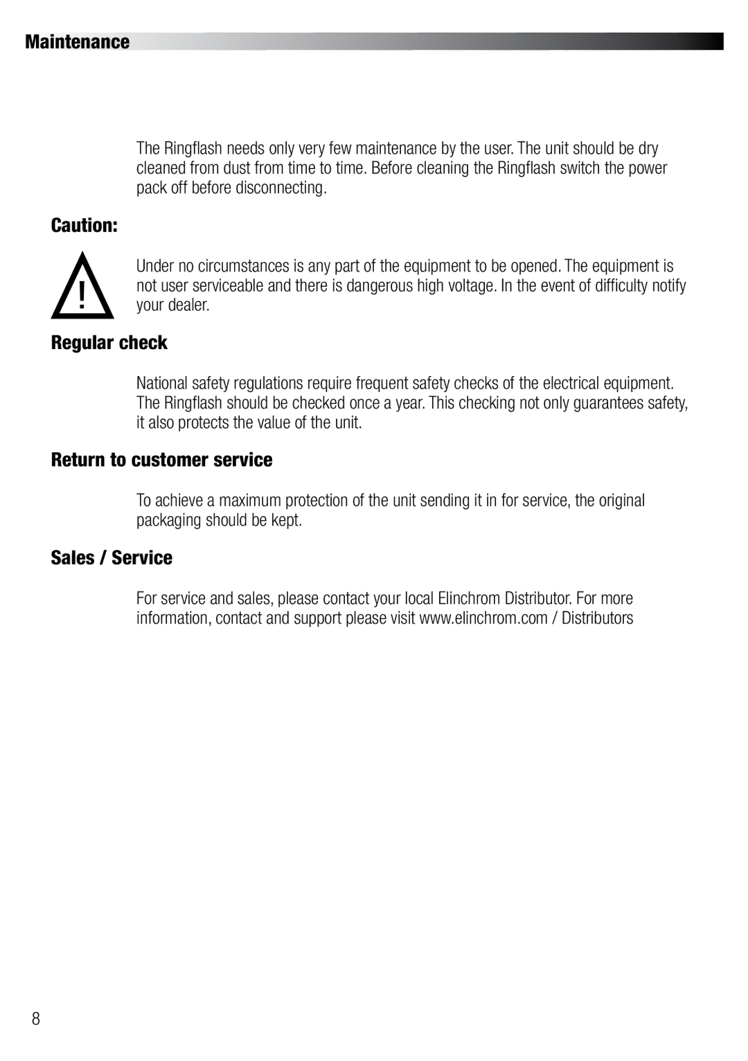 Elinchrom 20492 user manual Maintenance, Regular check, Return to customer service, Sales / Service 