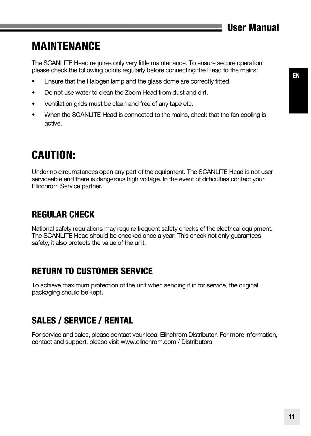 Elinchrom 20998 user manual Maintenance, Regular Check, Return to Customer Service, Sales / Service / Rental 