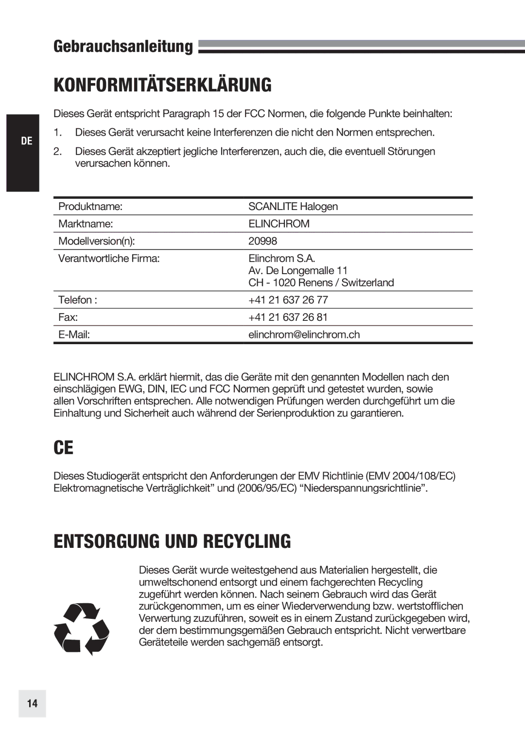 Elinchrom 20998 user manual Konformitätserklärung, Entsorgung UND Recycling 