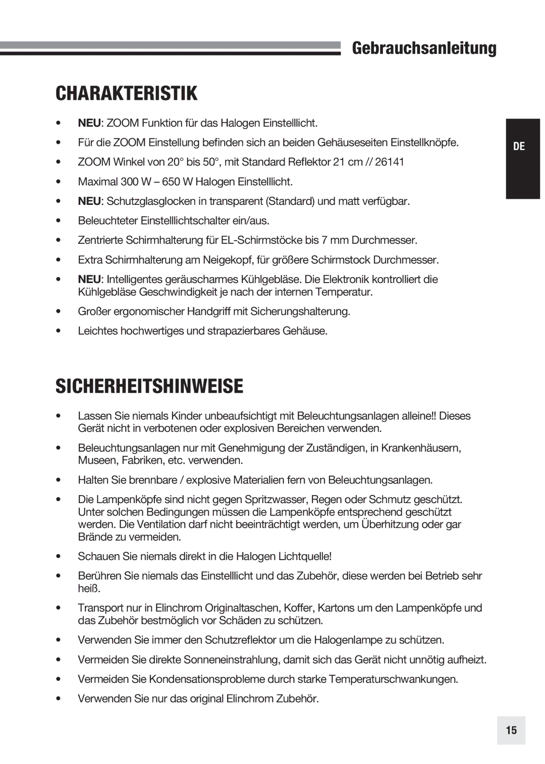 Elinchrom 20998 user manual Charakteristik, Sicherheitshinweise 