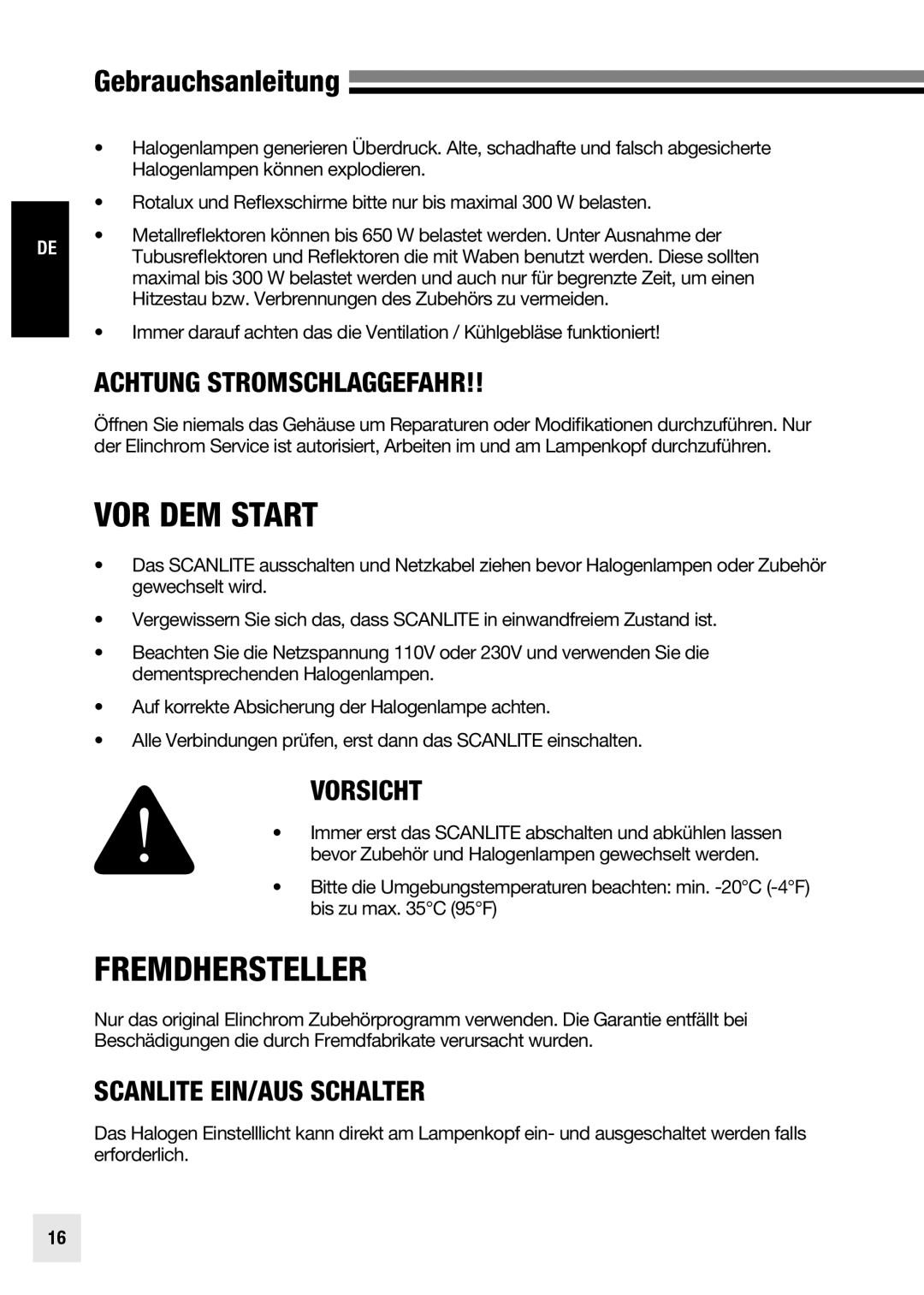 Elinchrom 20998 user manual VOR DEM Start, Fremdhersteller, Achtung Stromschlaggefahr, Vorsicht, Scanlite EIN/AUS Schalter 