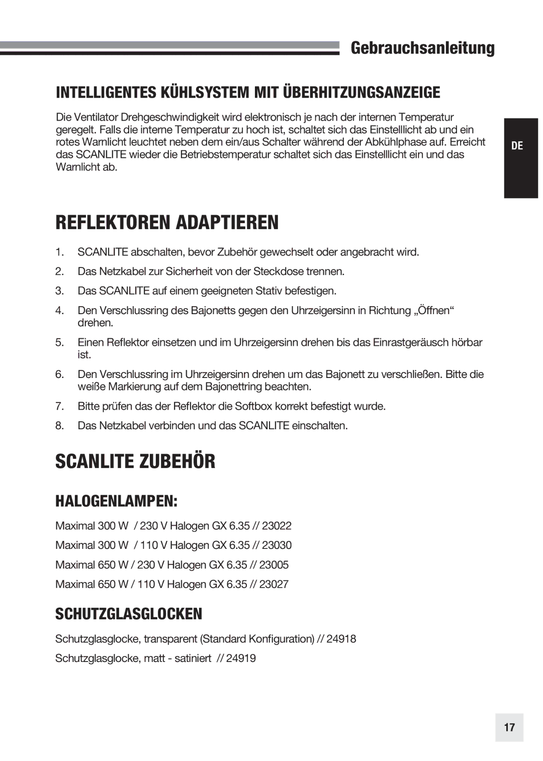 Elinchrom 20998 Reflektoren Adaptieren, Scanlite Zubehör, Intelligentes Kühlsystem MIT Überhitzungsanzeige, Halogenlampen 