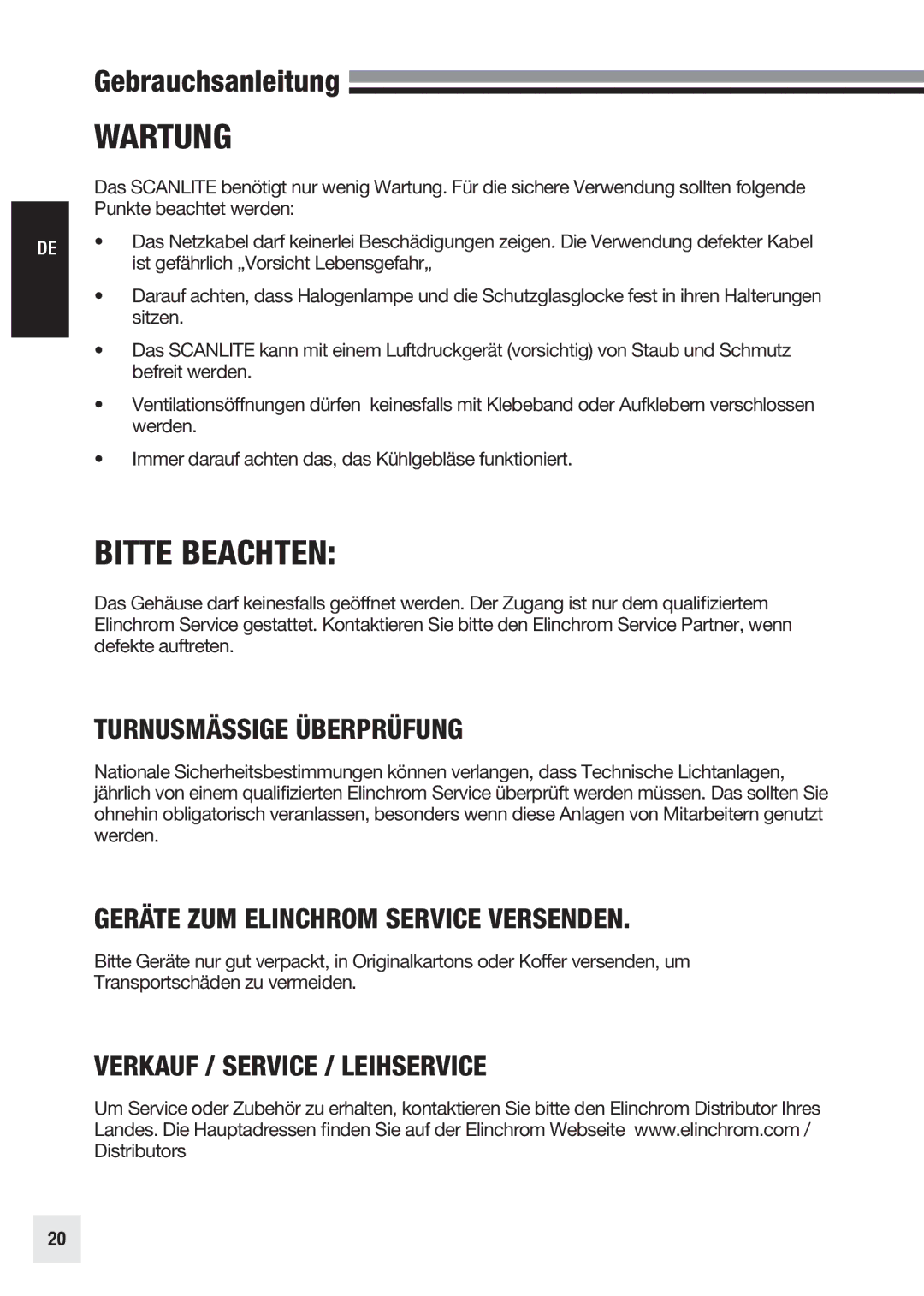 Elinchrom 20998 user manual Wartung, Bitte Beachten, Turnusmässige Überprüfung, Geräte ZUM Elinchrom Service Versenden 