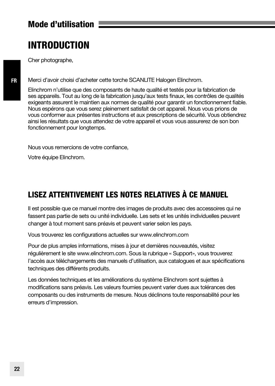 Elinchrom 20998 Lisez Attentivement LES Notes Relatives À CE Manuel, Cher photographe, Fonctionnement pour longtemps 