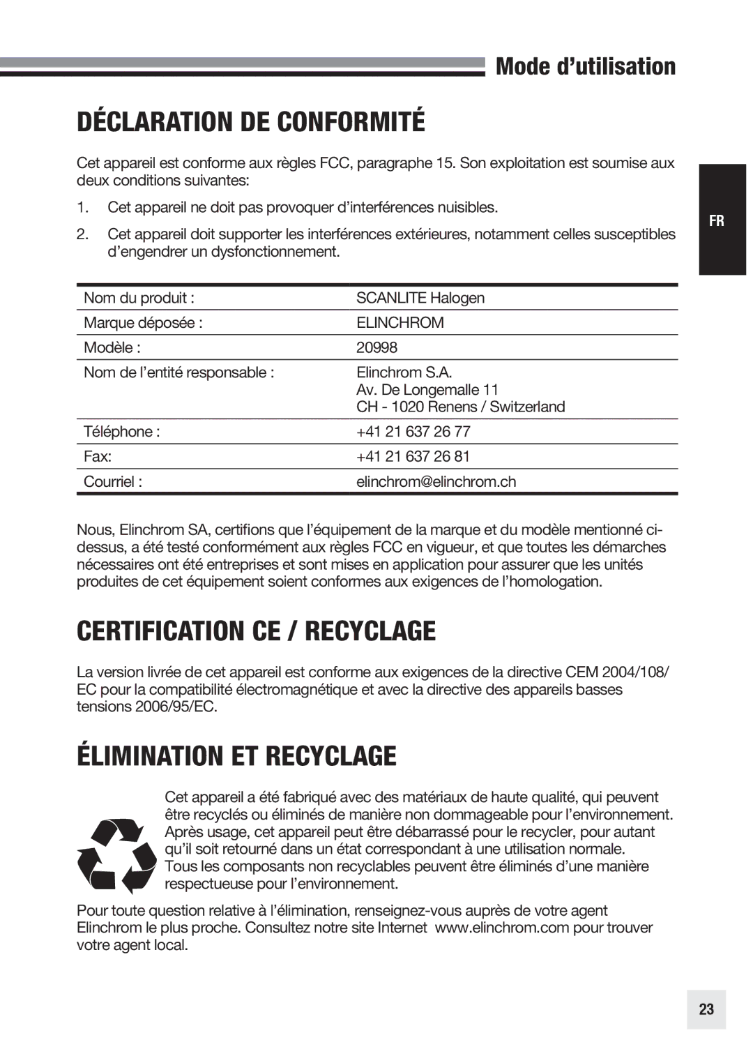 Elinchrom 20998 user manual Déclaration DE Conformité, Certification CE / Recyclage, Élimination ET Recyclage 