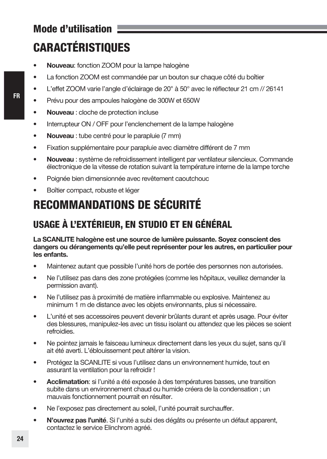 Elinchrom 20998 user manual Caractéristiques, Recommandations DE Sécurité, Usage À L’EXTÉRIEUR, EN Studio ET EN Général 