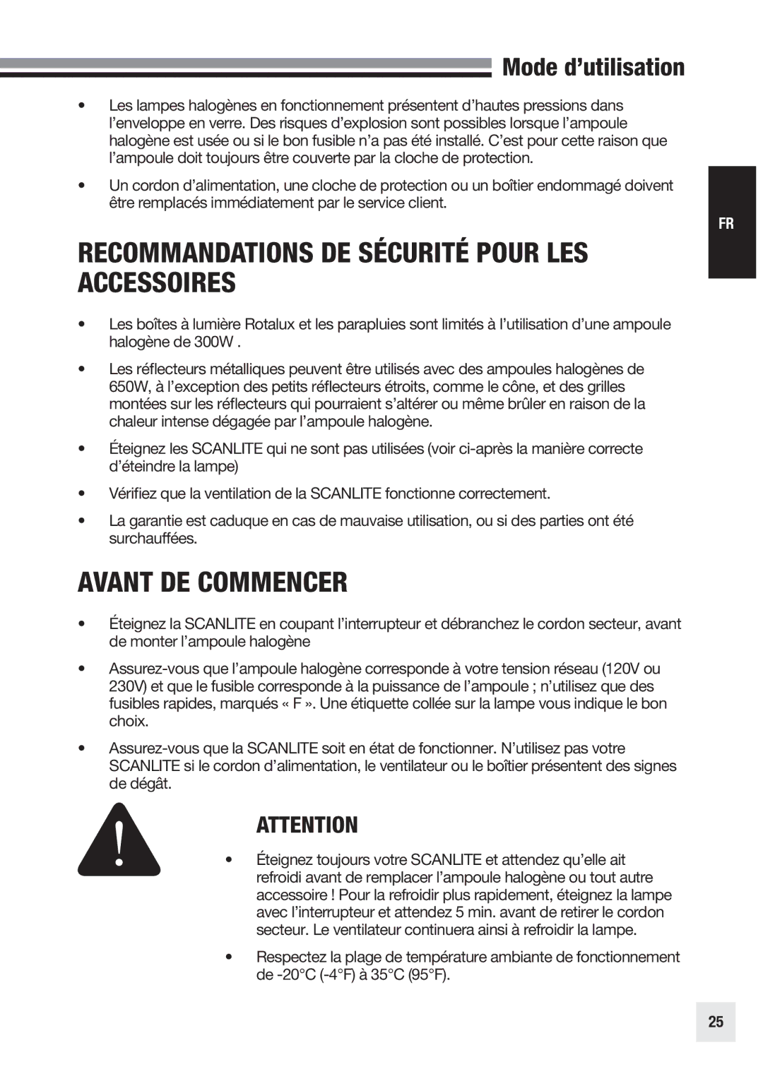 Elinchrom 20998 user manual Recommandations DE Sécurité Pour LES Accessoires, Avant DE Commencer 