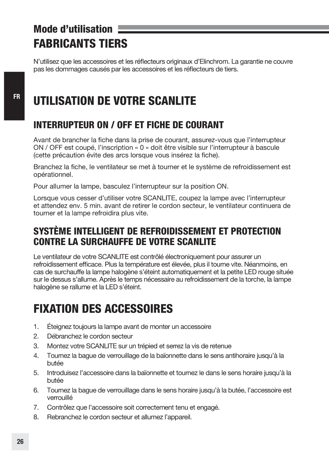 Elinchrom 20998 user manual Fabricants Tiers, Fixation DES Accessoires, Interrupteur on / OFF ET Fiche DE Courant 