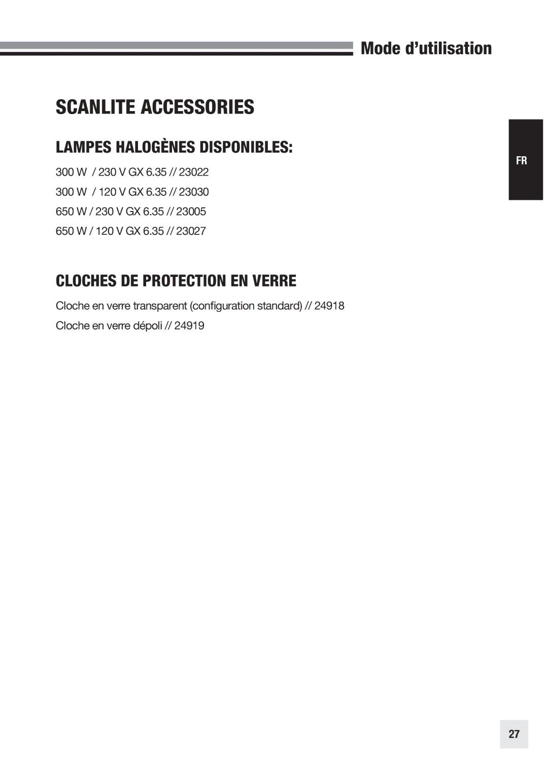 Elinchrom 20998 user manual Lampes Halogènes Disponibles, Cloches DE Protection EN Verre 