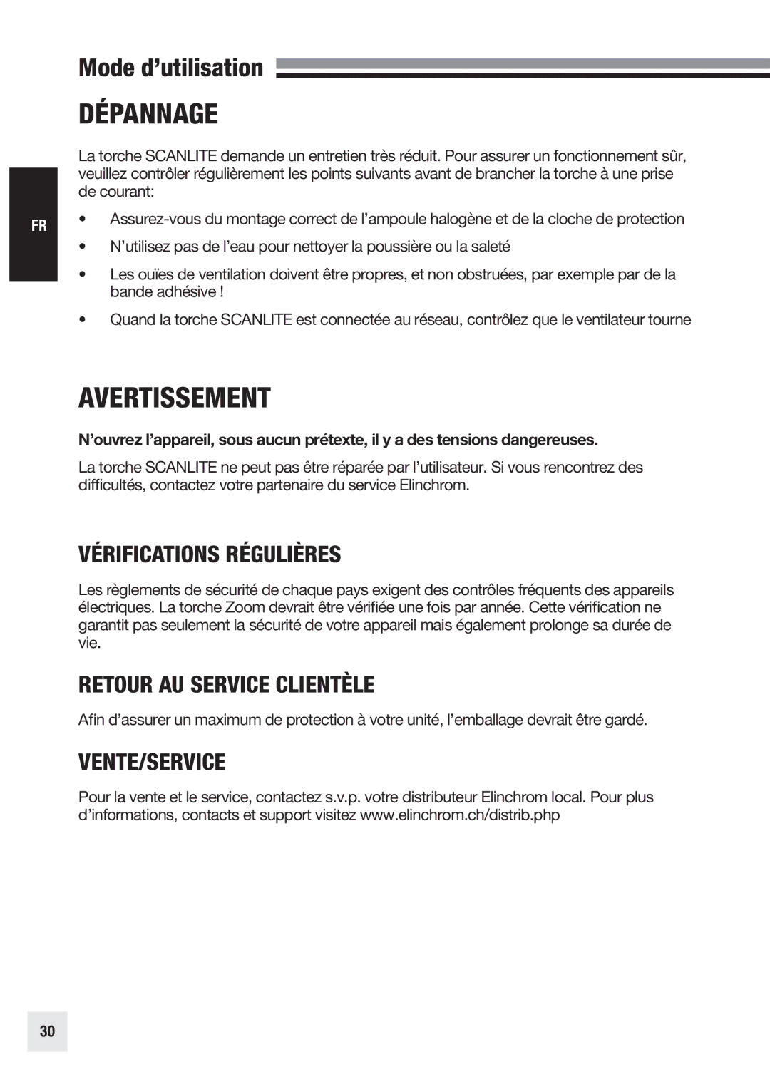 Elinchrom 20998 user manual Dépannage, Avertissement, Vérifications Régulières, Retour AU Service Clientèle, Vente/Service 