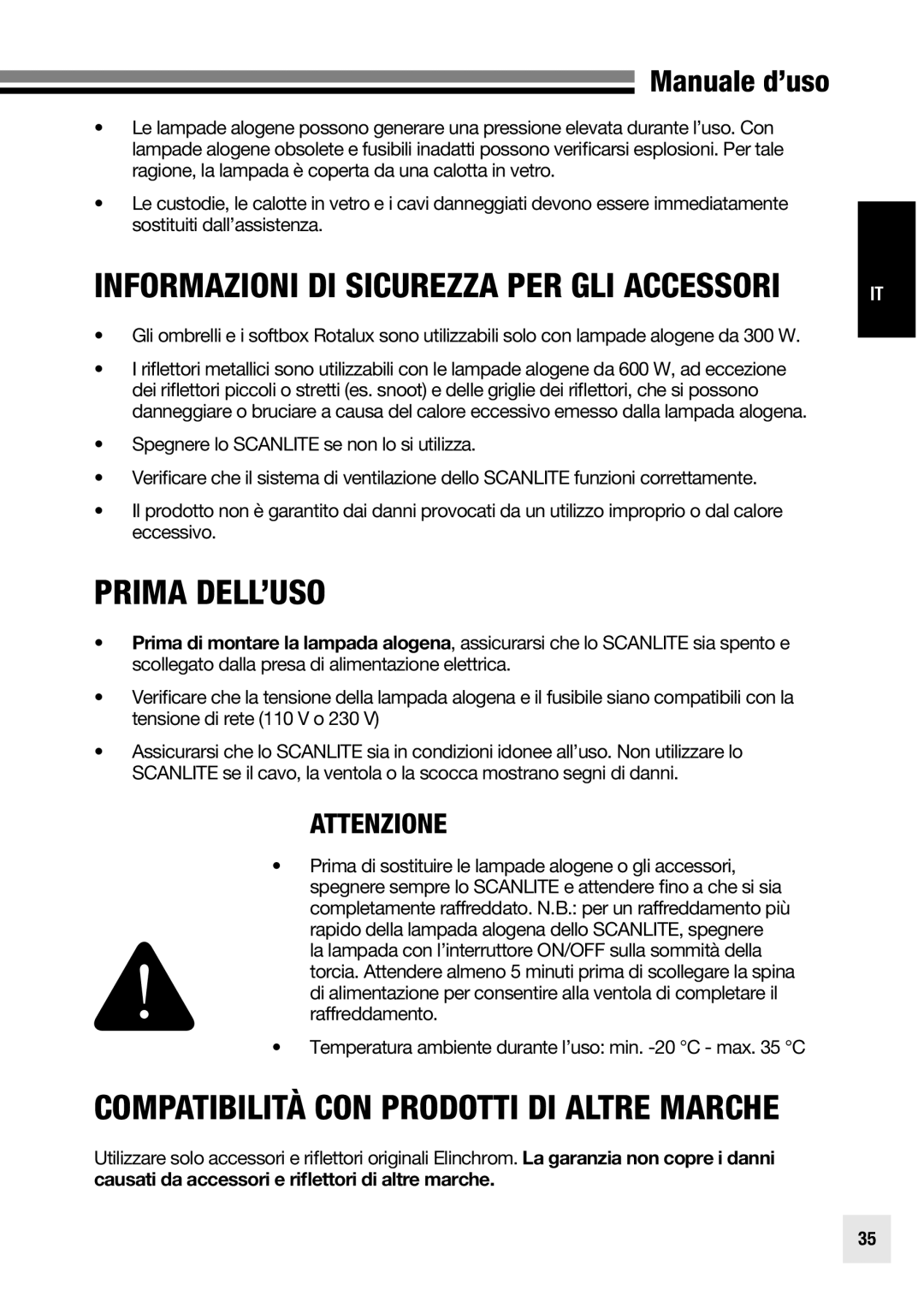 Elinchrom 20998 user manual Prima DELL’USO, Compatibilità CON Prodotti DI Altre Marche, Attenzione 