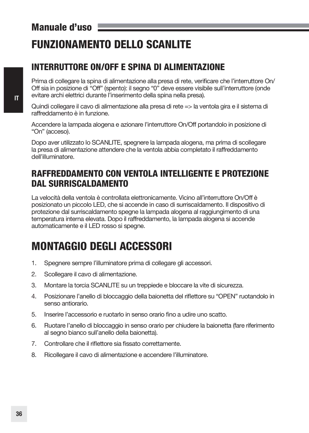 Elinchrom 20998 Funzionamento Dello Scanlite, Montaggio Degli Accessori, Interruttore ON/OFF E Spina DI Alimentazione 