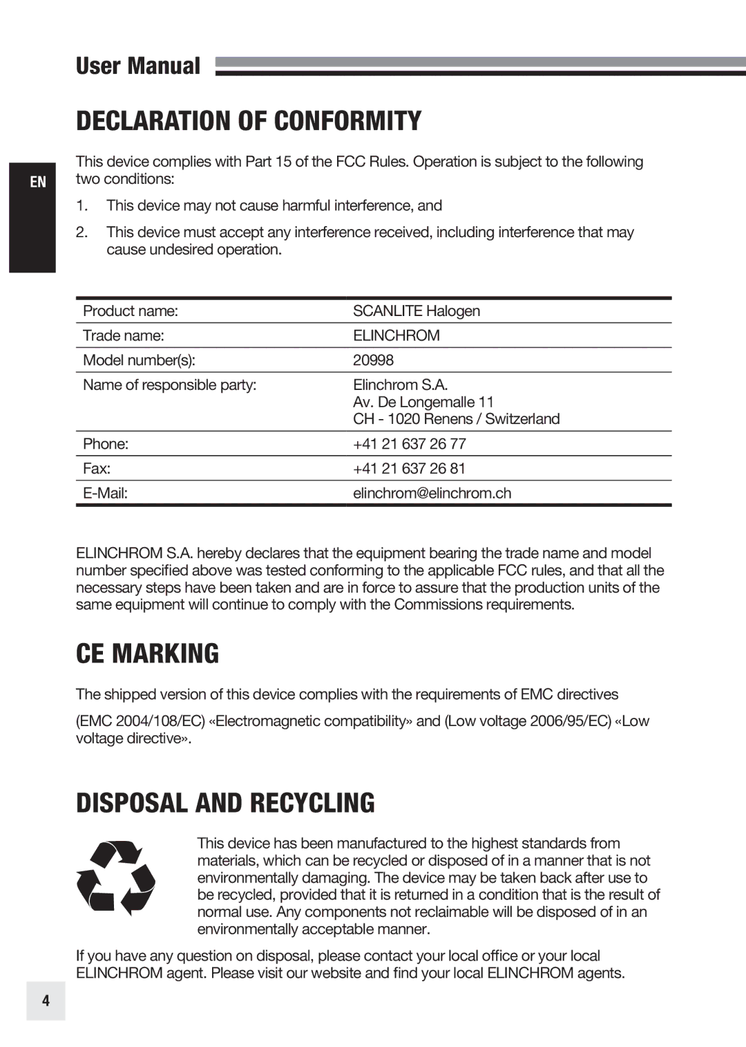 Elinchrom 20998 user manual Declaration of Conformity, CE Marking, Disposal and Recycling, Two conditions 