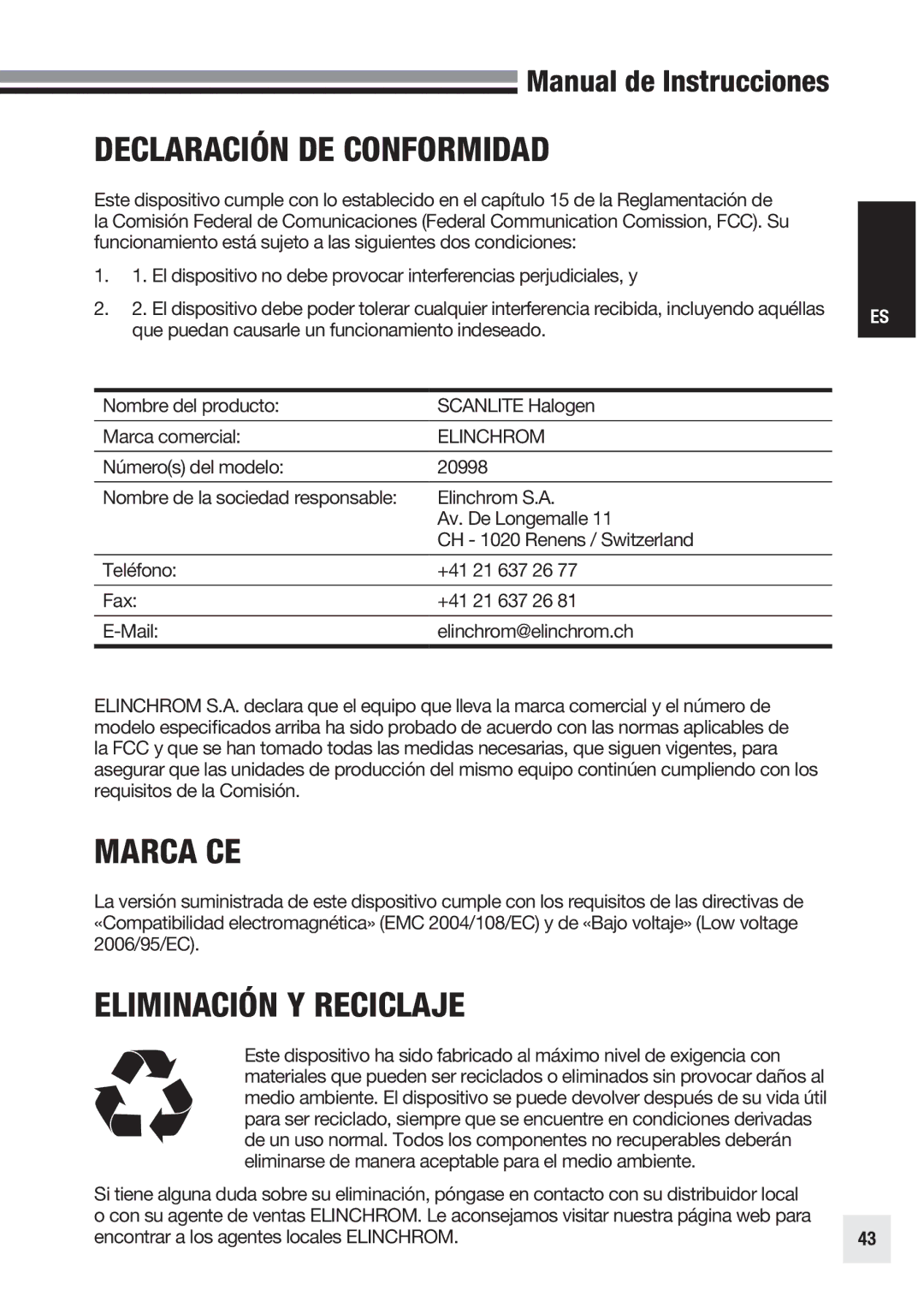 Elinchrom 20998 user manual Declaración DE Conformidad, Marca CE, Eliminación Y Reciclaje 