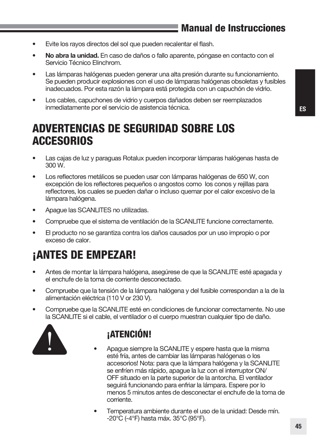 Elinchrom 20998 user manual Advertencias DE Seguridad Sobre LOS Accesorios, ¡ANTES DE Empezar, ¡Atención 