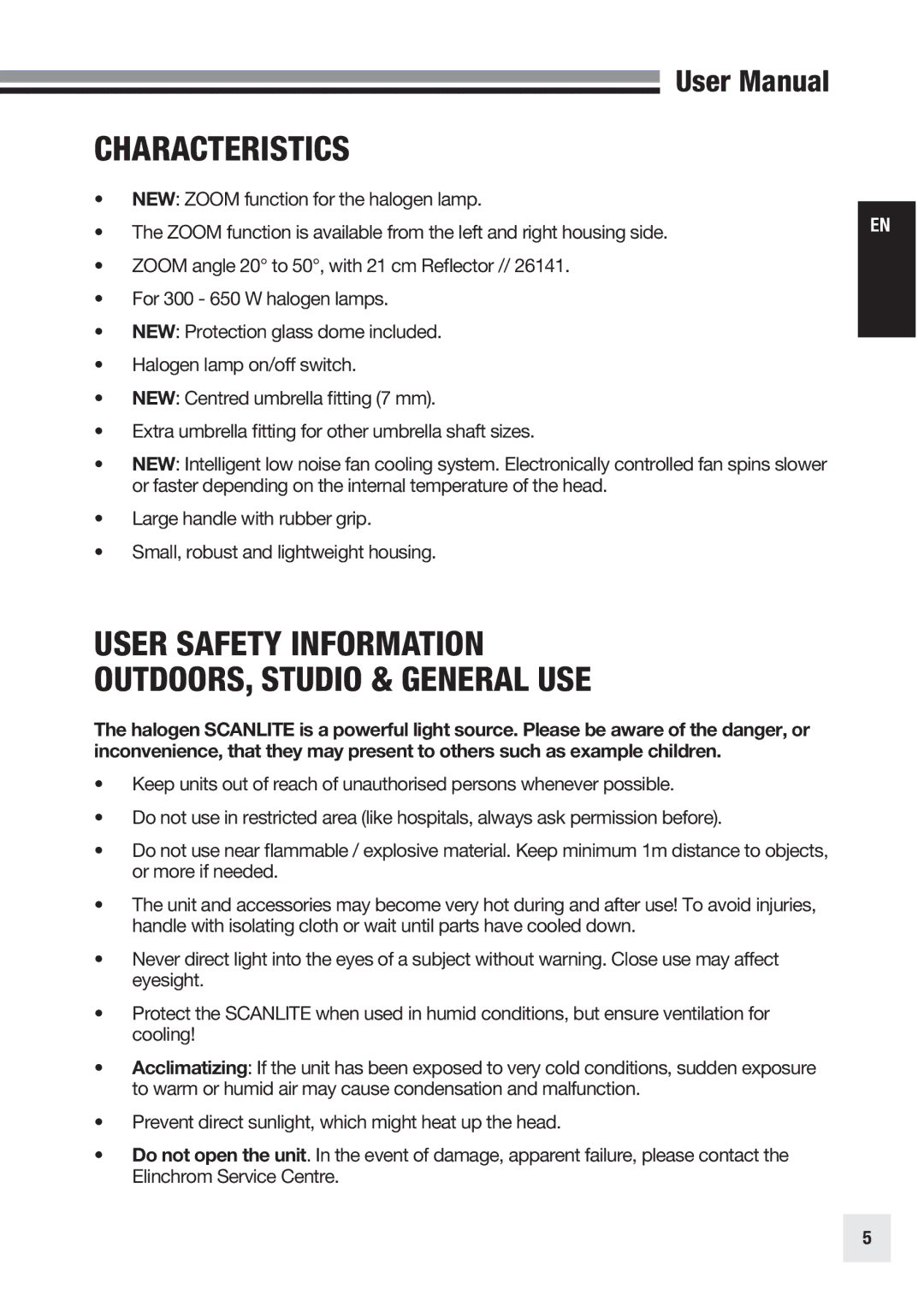 Elinchrom 20998 user manual Characteristics, User Safety Information OUTDOORS, Studio & General USE 