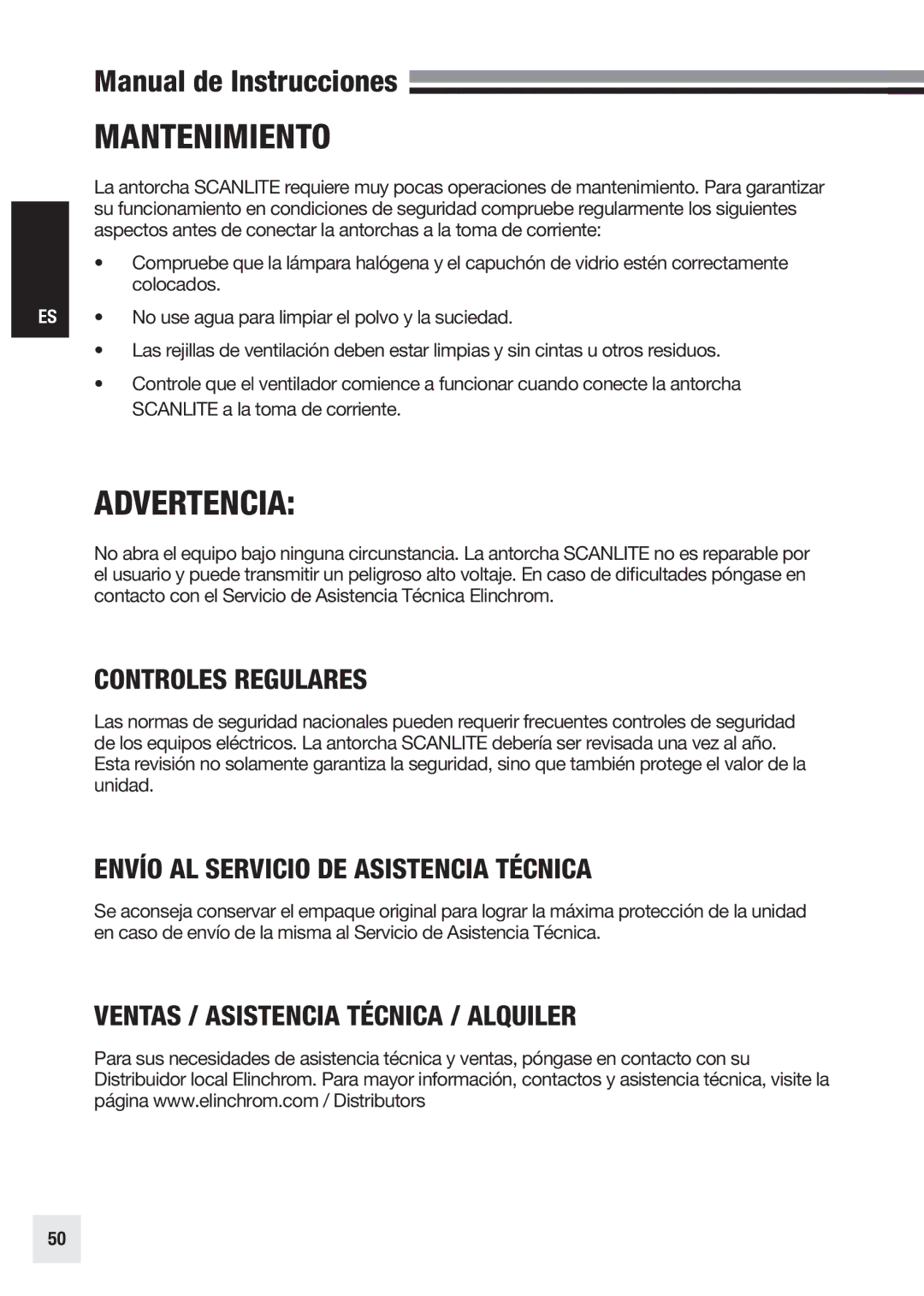 Elinchrom 20998 user manual Mantenimiento, Advertencia, Controles Regulares, Envío AL Servicio DE Asistencia Técnica 