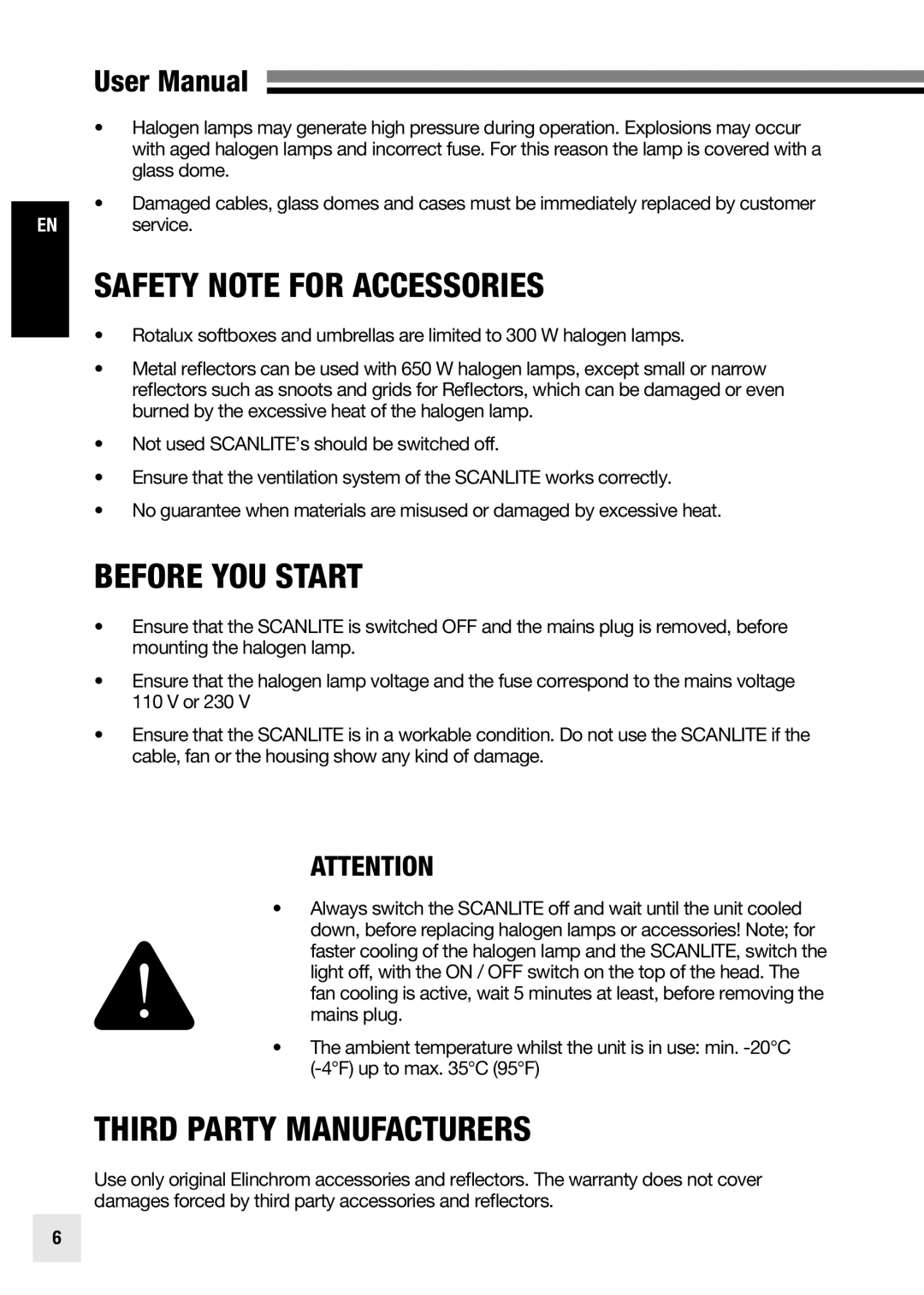 Elinchrom 20998 user manual Safety Note for Accessories, Before YOU Start, Third Party Manufacturers 