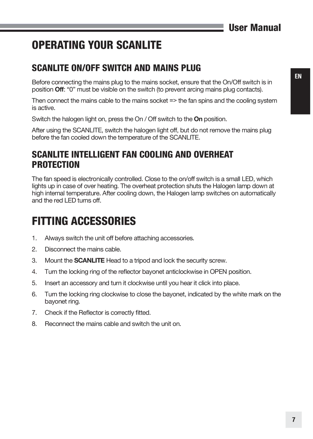 Elinchrom 20998 user manual Operating Your Scanlite, Fitting Accessories, Scanlite ON/OFF Switch and Mains Plug 