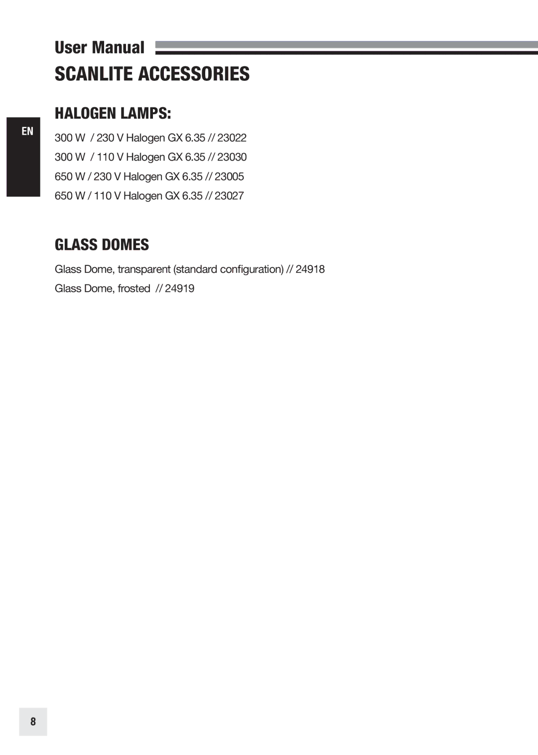 Elinchrom 20998 user manual Scanlite Accessories, Halogen Lamps, Glass Domes 